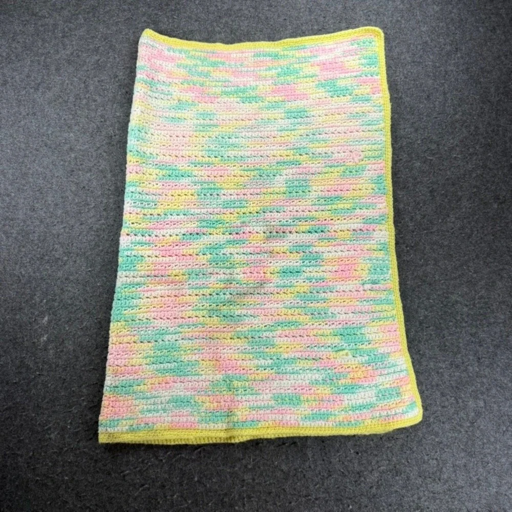 Crochet Baby Blanket Pastel Yellow Pink Green Handmade Knit‎ Afghan